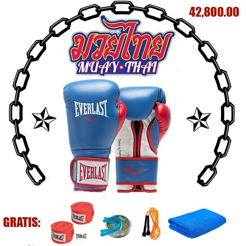 GUANTES MUAY THAI EVERLAST AZUL CON ROJO 14 OZ