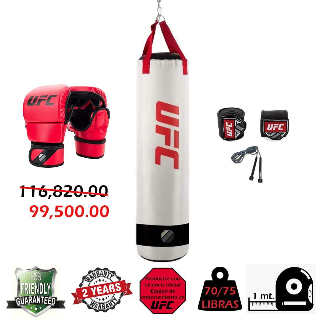 COMBO SACO UFC BLANCO CON GUANTES, VENDAS Y CUERDA