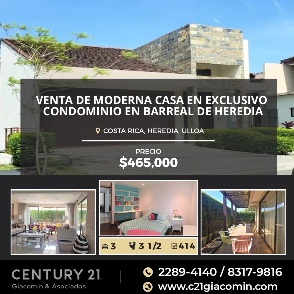 Venta de Moderna Casa en exclusivo Condominio! en Barreal, Heredia.