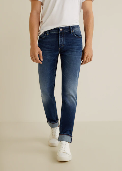 Se vende Hermoso Jeans Tim slim fit lavado oscuro desgastado de Hombre MNG Mango Talla 28