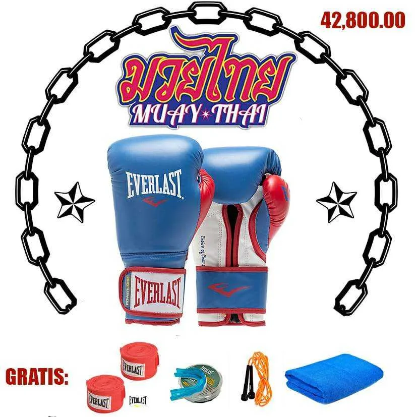 GUANTES MUAY THAI EVERLAST AZUL CON ROJO 14 OZ - foto 2